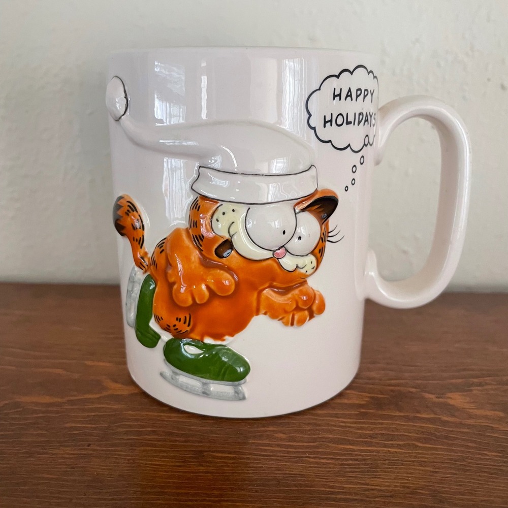Vtg Enesco Garfield Mug Cat Ice Skate Jim Davis 1978-1981 Christmas Holidays